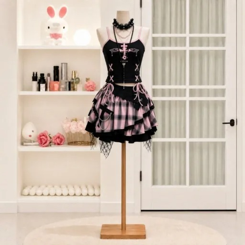 Cami Top Lace - طقم تنورة نسائي بتصميم Y2K عتيق،